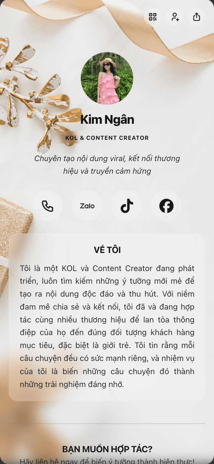Trang bio mẫu của một KOL trên viet.bio